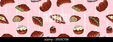 French Croissant and Pastry Seamless Pattern, Hand Drawn Bakery Repeat with Sweet Baked Goods on Soft Pink Background for Cafe Branding and Textile Stock Vector