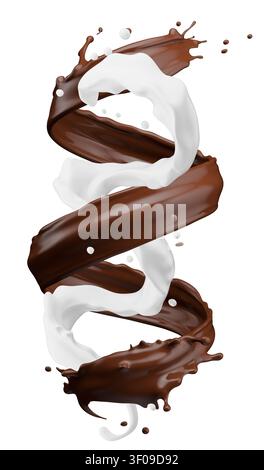 Chocolate and milk splashes isolated on white background. 3d illustration. Stock Photo