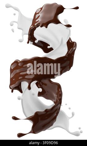 Chocolate and milk splashes isolated on white background. 3d illustration. Stock Photo