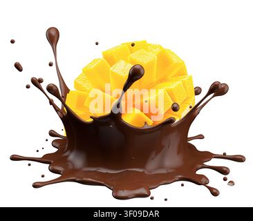 Mango and chocolate splash. Isolated on white background. Stock Photo
