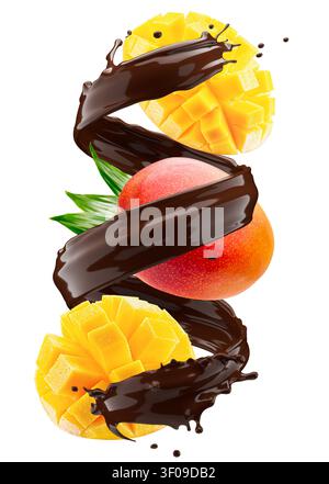 Mango with chocolate splash isolated on white background. Stock Photo