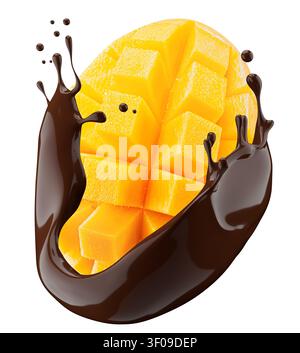Mango with chocolate splash isolated on white background. Stock Photo