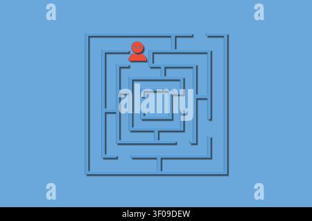 A person is located at the starting point of a maze. The maze has blue walls and several paths. The person looks for the way to exit the maze. Stock Photo