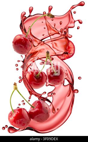 Cherry with juice splash isolated on white background. Stock Photo