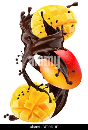 Mango with chocolate splash isolated on white background. Stock Photo