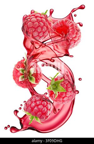 Raspberry with juice splash isolated on white background. Stock Photo