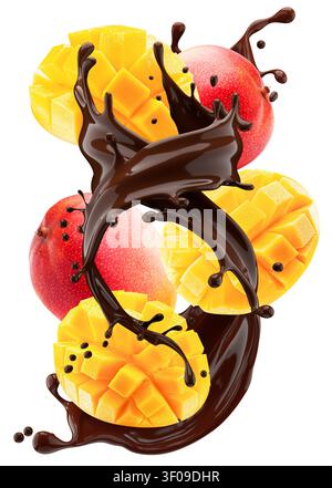 Mango with chocolate splash isolated on white background. Stock Photo