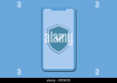 A smartphone screen shows a blue background with a shield and a check mark. This symbolizes security and safe data protection. This design focuses on Stock Photo