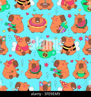 Cute capybara seamless pattern with playful cartoon characters enjoying coffee, coconut drink, watermelon, donut, noodles, music, flowers and summer a Stock Vector