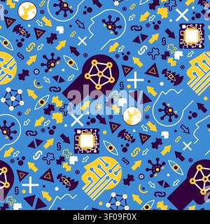 Artificial intelligence seamless pattern with neural networks, processors, circuits, geometric symbols, arrows and technology elements for software br Stock Vector