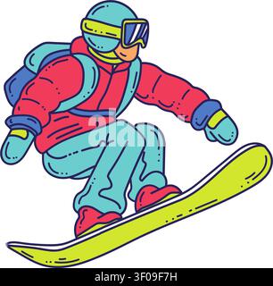Snowboard rider flat illustration performing winter sport action on a bright board with helmet, goggles and snow gear for resort branding, adventure g Stock Vector