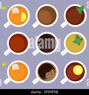 Top View Tea and Coffee Cups Vector Illustration Hot Beverages Flat Design Mugs Stock Vector