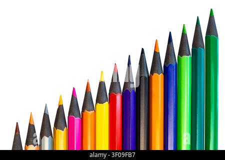 Colored pencils are lined up in a row showing various colors. The tips of the pencils are sharp and ready for use. Stock Photo