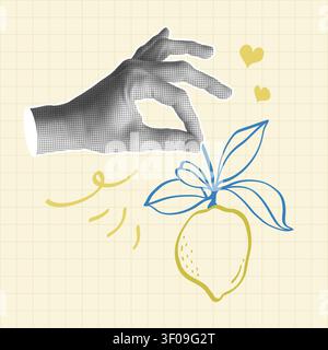 Hand holds hand drawn doodle lemon. Trendy collage design with retro halftone texture. Stock Vector