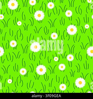 seamless pattern with delicate daisies growing among fresh green grass, natural meadow, repeating floral composition, ideal for spring-themed projects Stock Vector