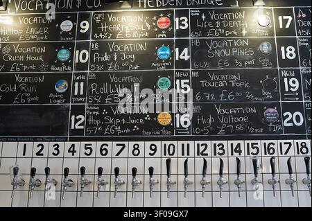 Taps and beer list on the wall of the Vocation pub in Hebden Bridge,UK Stock Photo