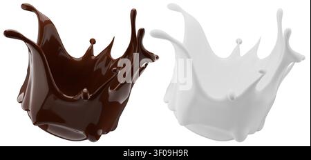 Set of milk and chocolate splashes solated on a white background. 3D render. Stock Photo