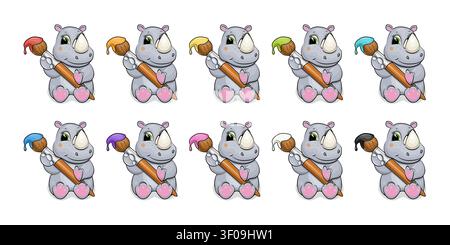 Set of 10 cute baby hippo artist illustrations holding a paintbrush with different paint colors. Vector illustration of animals on white background. Stock Vector