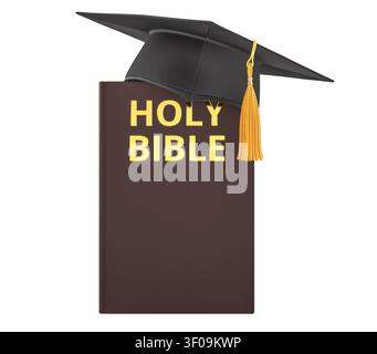 Holy Bible book with graduation cap. 3D rendering isolated on white background Stock Photo
