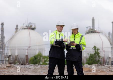 Two engineers in protective gear and hard hats collaborate while reviewing digital documentation on a tablet at a petrochemical refinery site. Stock Photo