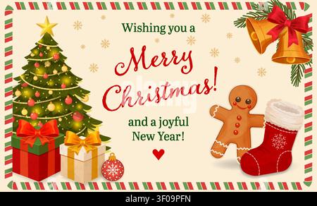 Festive Greeting Card Featuring Christmas Tree, Gingerbread Man, Gifts, and Holiday Decorations Stock Vector