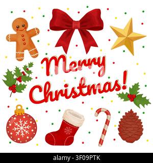Colorful Christmas set with Gingerbread Man, Red Bow, and Cheerful Holiday Elements Stock Vector