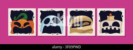 Halloween character faces illustration set featuring a pumpkin, ghost, mummy, and skull framed with a decorative border on a magenta background. Stock Vector