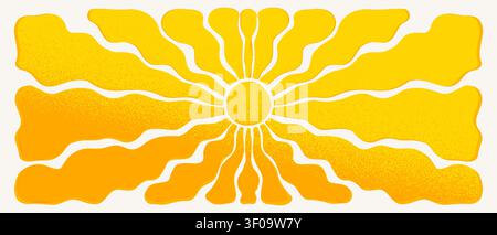 Retro psychedelic sunshine illustrations with wavy rays and geometric shapes. Bold 70s-inspired abstract designs featuring radial bursts, vibrant Stock Vector