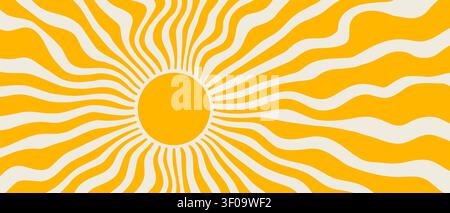 Groovy retro sun patterns with psychedelic rays and bold wavy shapes. Summer vibes meet 70s vintage design in vibrant yellow sunburst illustrations Stock Vector