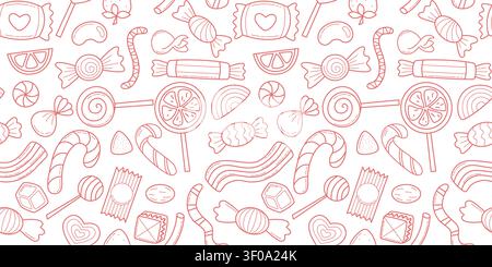 Hand drawn sweets and candies Seamless pattern. White background with candies and lollipops, sketch style. Sweets print, vector graphics Stock Vector