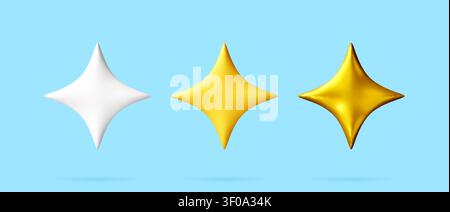 Three 3D star icons in white, yellow and gold colors Stock Vector