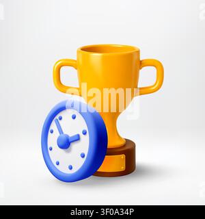 3D Golden trophy cup with clock beside Stock Vector