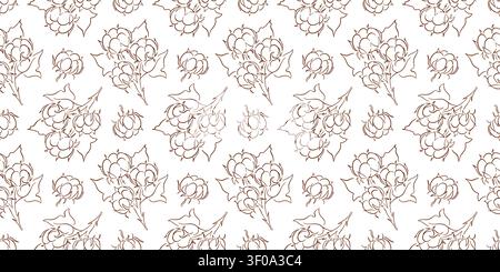 Seamless pattern with hand drawn cotton plant branch element. Botanical sketch background in line art style. Nature floral texture for textile, fabric Stock Vector