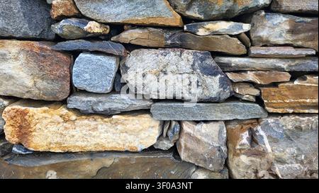 Close-Up of Natural Dry Stone Wall Built from Earth-Toned and Gray Stones in Switzerland Stock Photo