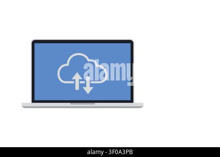 Business cloud sync and backup concept shown on a laptop screen with upload and download arrows, symbolizing data transfer, online storage, remote acc Stock Photo