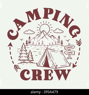 Camping Crew Typography Design with Mountain and Lake Landscape Stock Vector