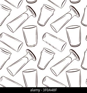 Seamless pattern with hand drawn line art style beer glass. Black and white outline beverage equipment repeat backdrop. Minimalist drink container Stock Vector
