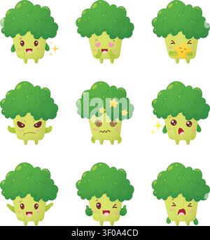 Adorable Broccoli Character Sticker Set Stock Vector