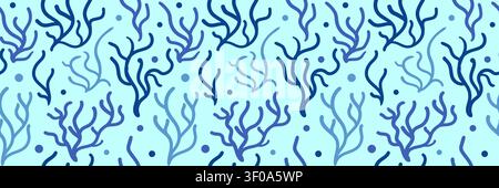 Blue coral seamless pattern with organic abstract shapes and bubbles. Vintage retro texture. Repeatable bg with pink flowing lines. Repeat floral tile Stock Vector