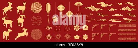 2027 Chinese set, New Year of the Goat elements, gold icons Stock Vector