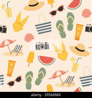 Seamless summer pattern with beach accessories and vacation elements Stock Vector
