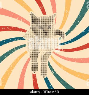Halftone Kitten on Retro Groovy Grunge Background Stock Vector