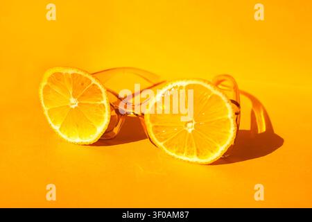 Sunglasses featuring lemon slices as lenses are positioned on a bright yellow background, emphasizing a fun and creative design element Stock Photo