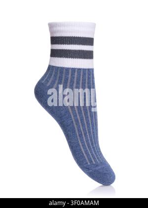 Women's blue ribbed knitted sock with white striped cuff isolated on white background Stock Photo