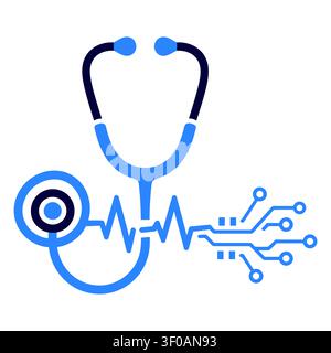 A blue and dark blue stethoscope combined with a digital heartbeat line and circuit board pattern on a clean white background Stock Vector