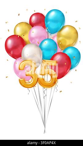 A vibrant bouquet of colorful balloons floats upwards with shiny gold number 35 balloons at the bottom. Stock Vector