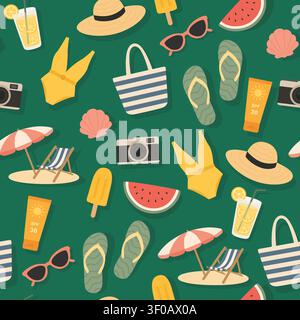 Seamless summer pattern with beach vacation icons on green background Stock Vector
