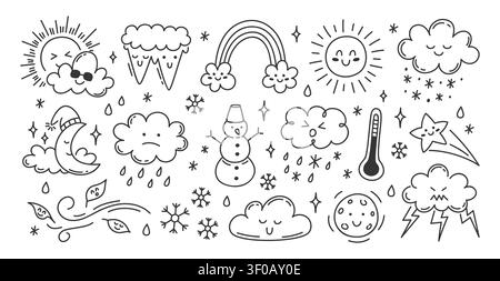 Cute weather elements. Doodle climate character. Hand drawn funny kid season objects, rain, sun, cloud, rainbow, hurricane. Summer, winter, fall Stock Vector