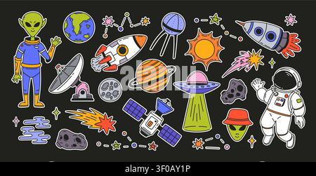 Space sticker. Doodle cosmos elements. Cartoon cute rocket, astronaut, planet, spaceship, star, comet, earth, moon, alien, satellite. Galaxy adventure Stock Vector