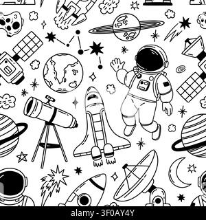 Space seamless pattern. Doodle galaxy background. Hand drawn line kids cosmos objects, planets, stars, comets, rockets, astronauts. Sketch universe Stock Vector